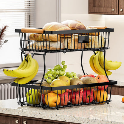 2-Tier Küchenorganisator Aus Strapazierfähigem Metall Mit Holzgriffen – Küchenregalorganisator Für Gemüse Und Obst