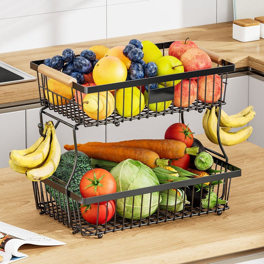 2-Tier Küchenorganisator Aus Strapazierfähigem Metall Mit Holzgriffen – Küchenregalorganisator Für Gemüse Und Obst