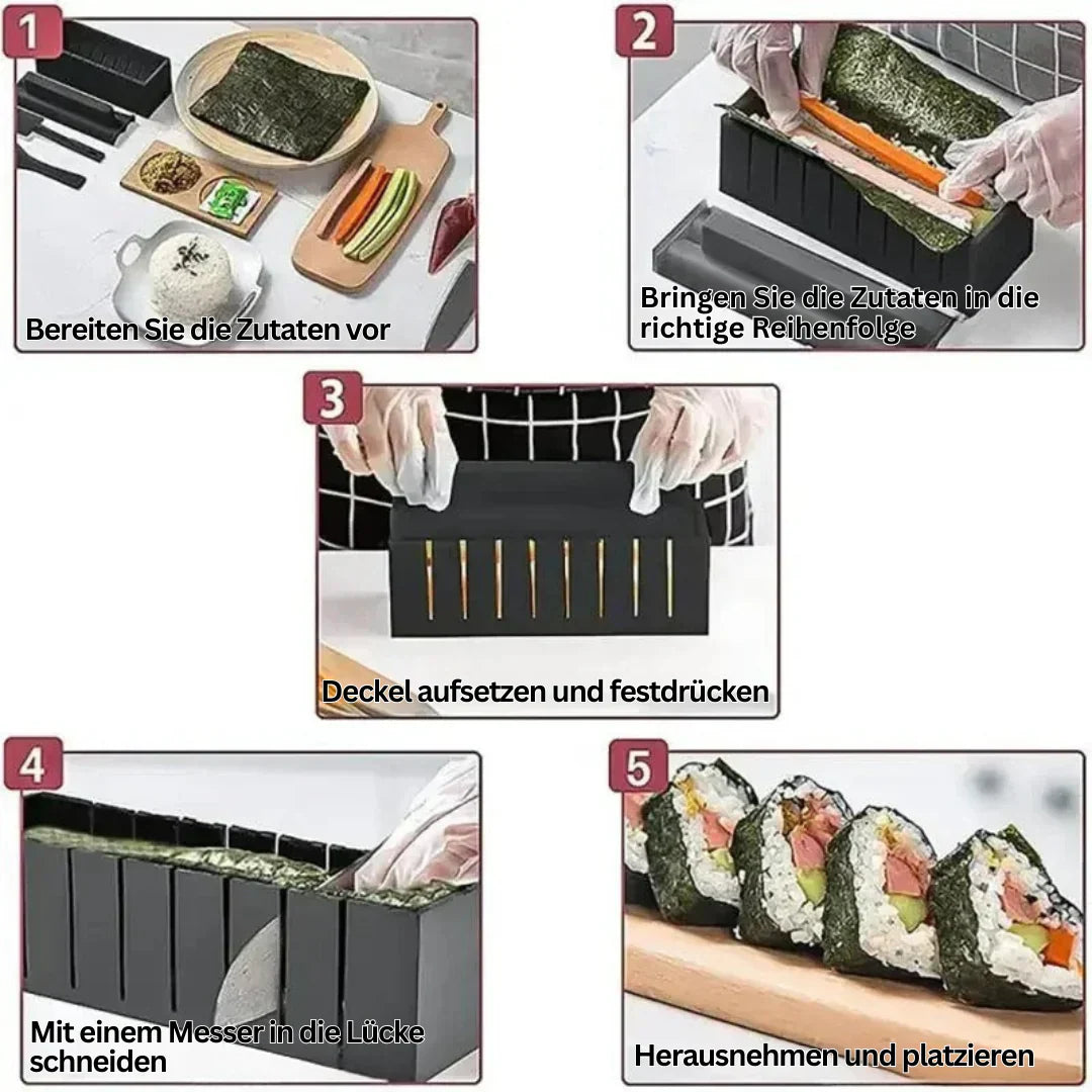 Sushi-Roll- und Schneide-Set - Praktisches Sushi-Set mit Schablonen und Zubehör