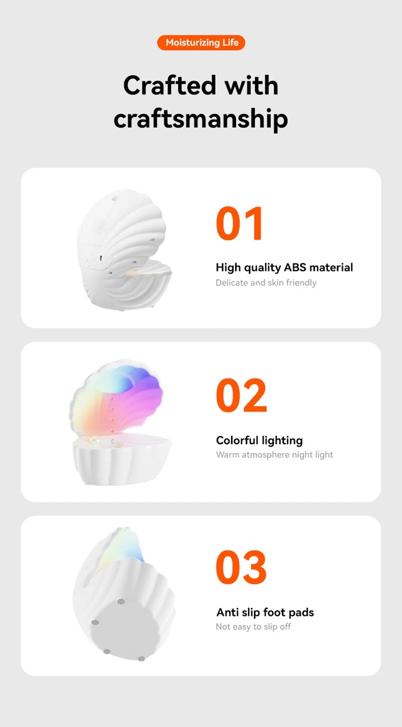 Shell Schlafhilfe Bluetooth Lautsprecher – RGB Nachtlicht mit Luftbefeuchter & Anti-Schwerkraft-Design