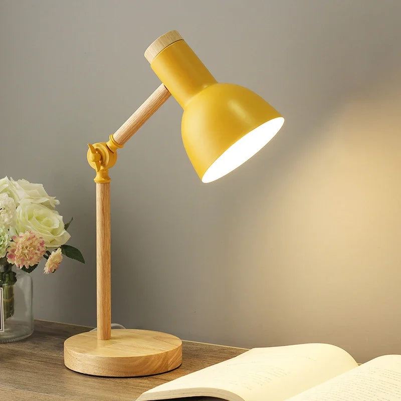 Bunte Holz-Tischlampe mit verstellbarem Gelenk – Nordic Style Nachttischlampe für Wohnzimmer und Schreibtisch