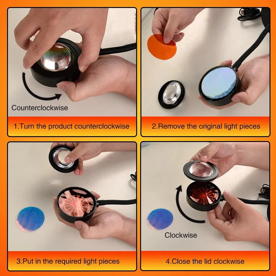 Sonnenuntergang Lampe mit Fernbedienung – 16 Farben & 360° Rotation für ästhetische Stimmungsbeleuchtung