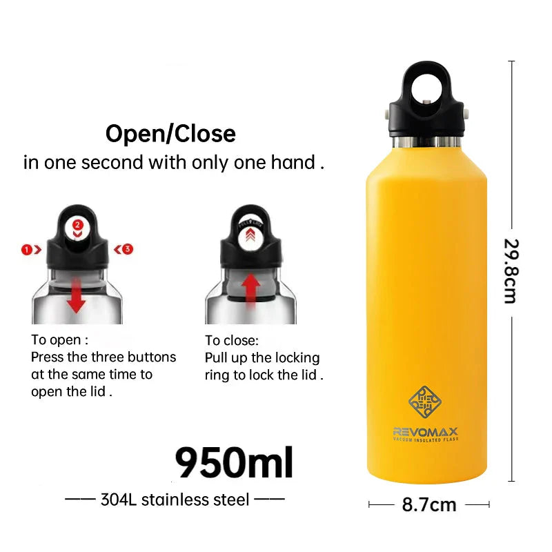 950ml Große Kapazität Edelstahl Thermosflasche Tragbarer Isolierter Becher Ohne Schraubdeckel für Reisen im Freien