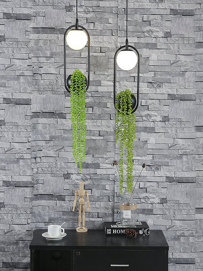 Hängende Garten Pflanzgefäß Hängeleuchte – Schwarzes Metall – Mit Frosted Glass & Künstlichen Pflanzen