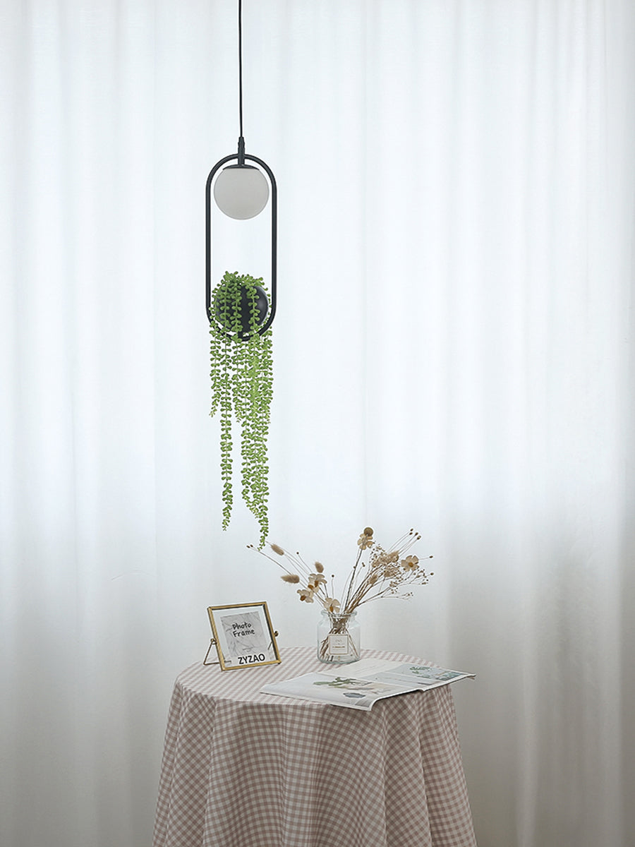 Hängende Garten Pflanzgefäß Hängeleuchte – Schwarzes Metall – Mit Frosted Glass & Künstlichen Pflanzen