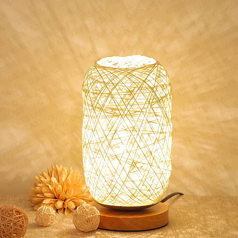 Rattan-Tischlampe – Holzsockel – Nachttischbeleuchtung – Wohnzimmer, Schlafzimmer, Schreibtischlampe