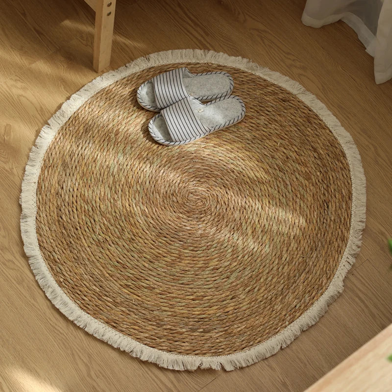 Runder handgefertigter Jute-Rattan-Teppich mit Fransen – Vintage-Bodenmatte für Schlafzimmer, Wohnzimmer & Eingangsbereich