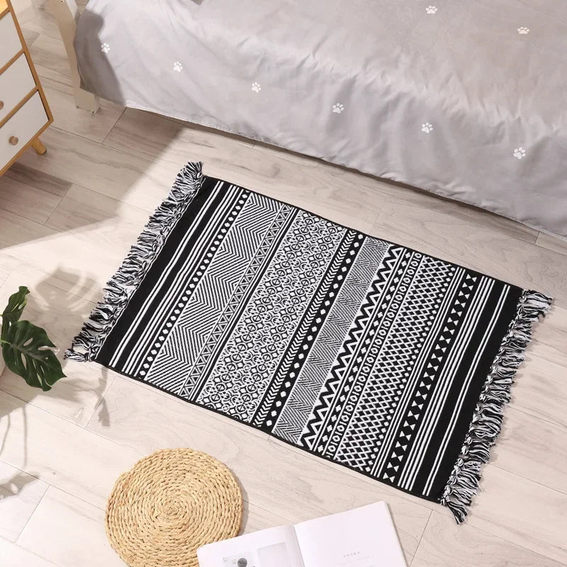 Retro-Boho Handgewebter Teppich 60x90 cm – Fransen-Teppich für Wohnzimmer & Heimdekoration