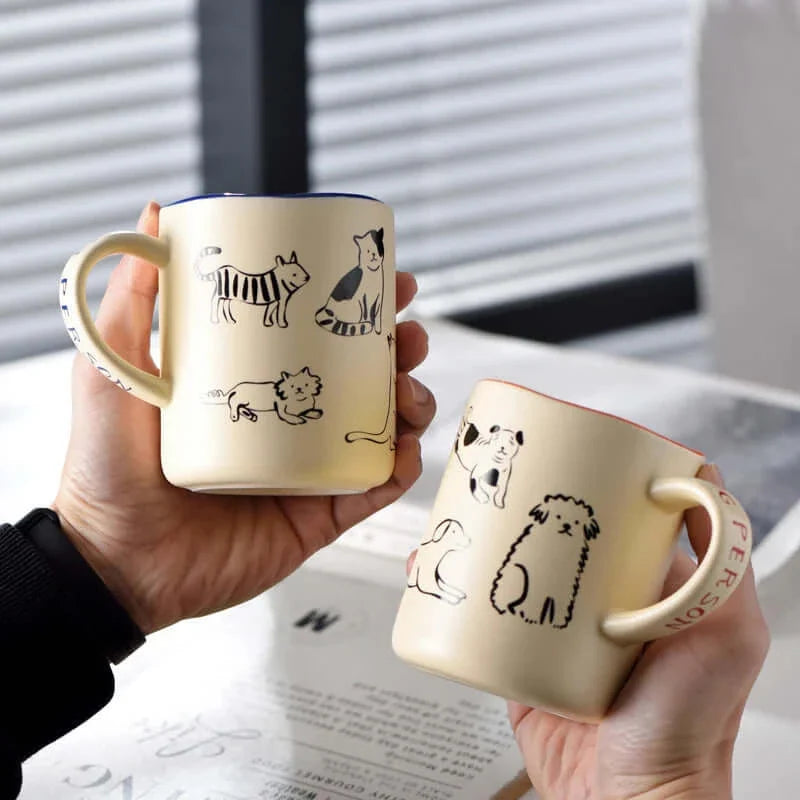 Große kreative keramische Kaffeetasse mit Katzen- und Hundedesign