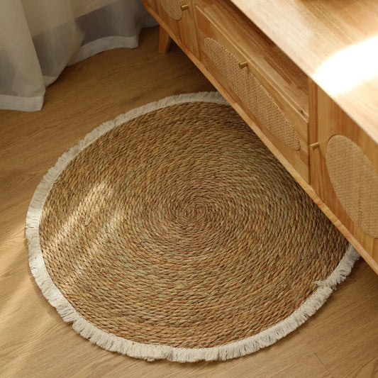 Runder handgefertigter Jute-Rattan-Teppich mit Fransen – Vintage-Bodenmatte für Schlafzimmer, Wohnzimmer & Eingangsbereich