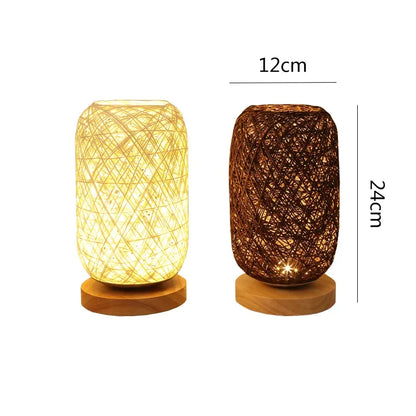 Rattan-Tischlampe – Holzsockel – Nachttischbeleuchtung – Wohnzimmer, Schlafzimmer, Schreibtischlampe