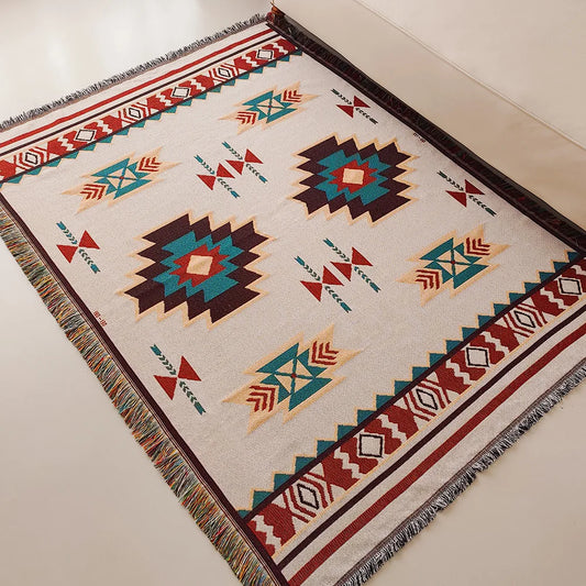Übergroße Boho-Aztekendecke mit Fransen – Geometrischer Vintage-Wandteppich