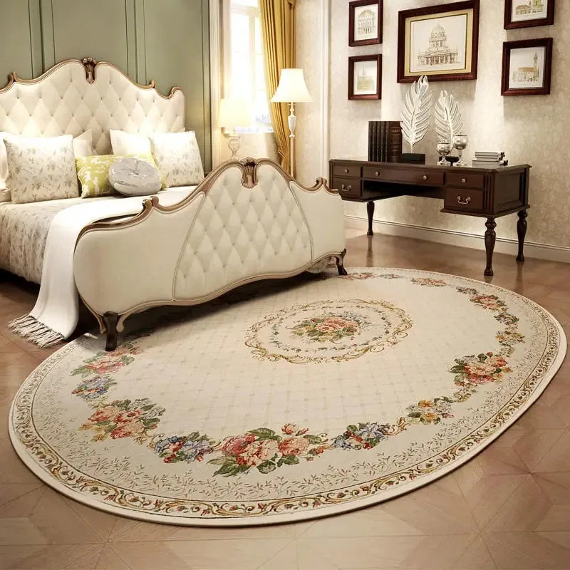 Ovaler Plüschteppich im europäischen Landhausstil mit Blumenmuster – Eleganter Teppich für Wohnzimmer, Schlafzimmer und Garderobe