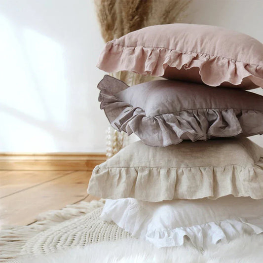 Kissenbezüge und Kopfkissenbezüge aus reinem Leinen mit sanften Volants - Linen Elegance