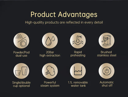 Slim Espresso Maschine – 20-Bar Halbautomatische Kaffeemaschine für ESE-Pads & gemahlenen Kaffee