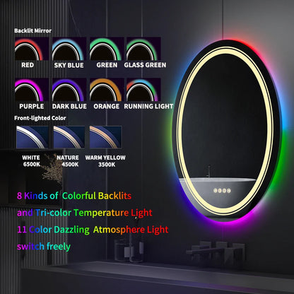 LUVODI Ovaler RGB HD Umweltfreundlicher Badezimmerspiegel mit dimmbarem LED-Licht, Antibeschlag und Touchscreen