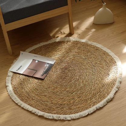 Runder handgefertigter Jute-Rattan-Teppich mit Fransen – Vintage-Bodenmatte für Schlafzimmer, Wohnzimmer & Eingangsbereich