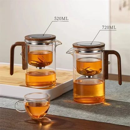 Wassertrennung Innentopf Teekanne - Glasfiltration, Ein-Klick-Magnet-Schalter, Holzgriff, 520ml