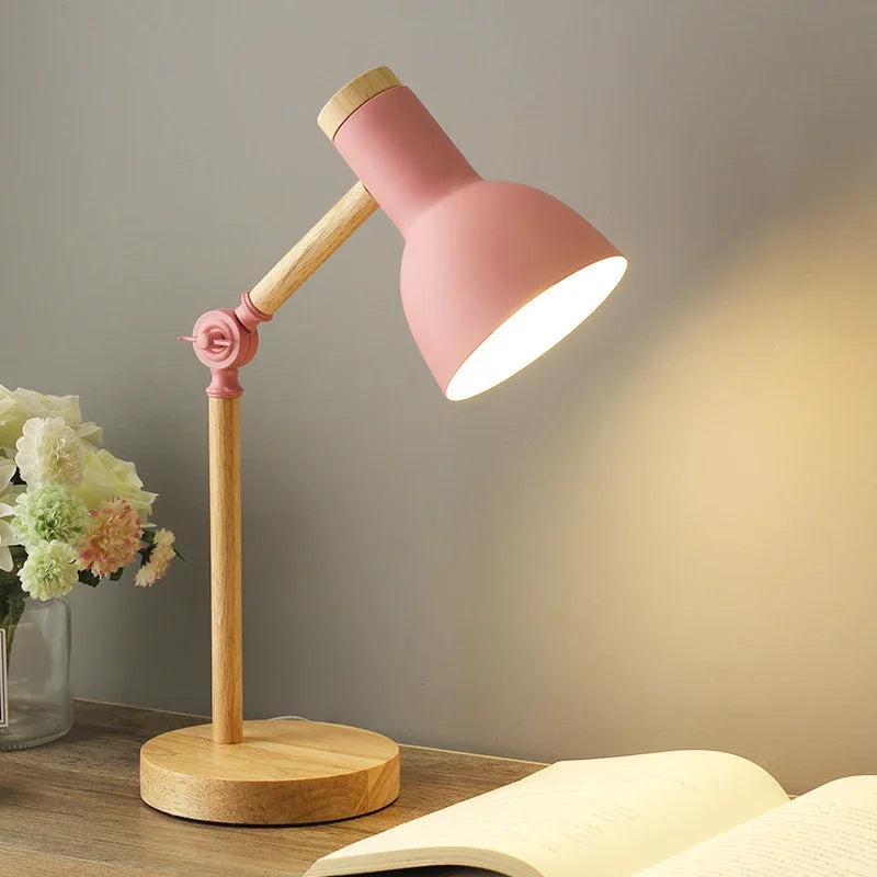Bunte Holz-Tischlampe mit verstellbarem Gelenk – Nordic Style Nachttischlampe für Wohnzimmer und Schreibtisch