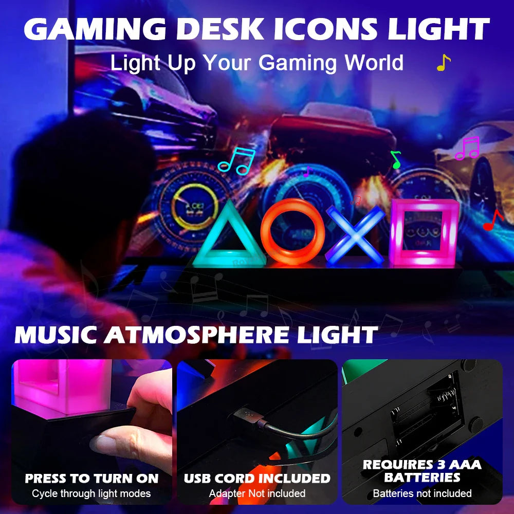 LED Tischlampe PlayStation Symbole – Musikgesteuerte Deko Leuchte für Gaming & Schlafzimmer