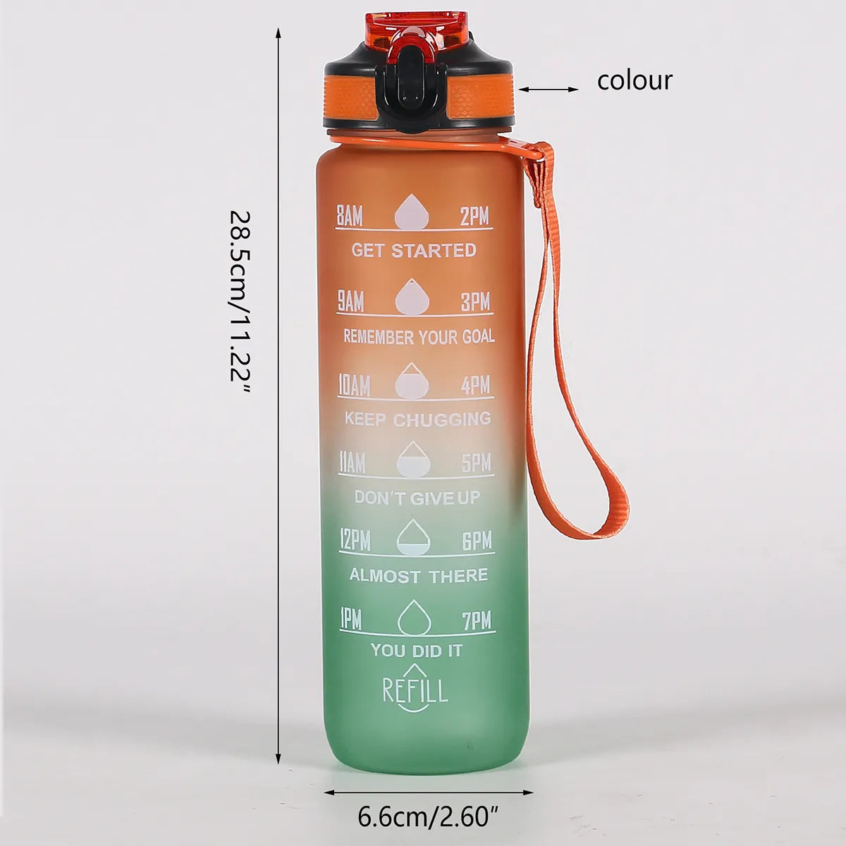 Motivierende Wasserflasche mit Farbverlauf und Zeitmarkierung, auslaufsicherer Becher, 1 l