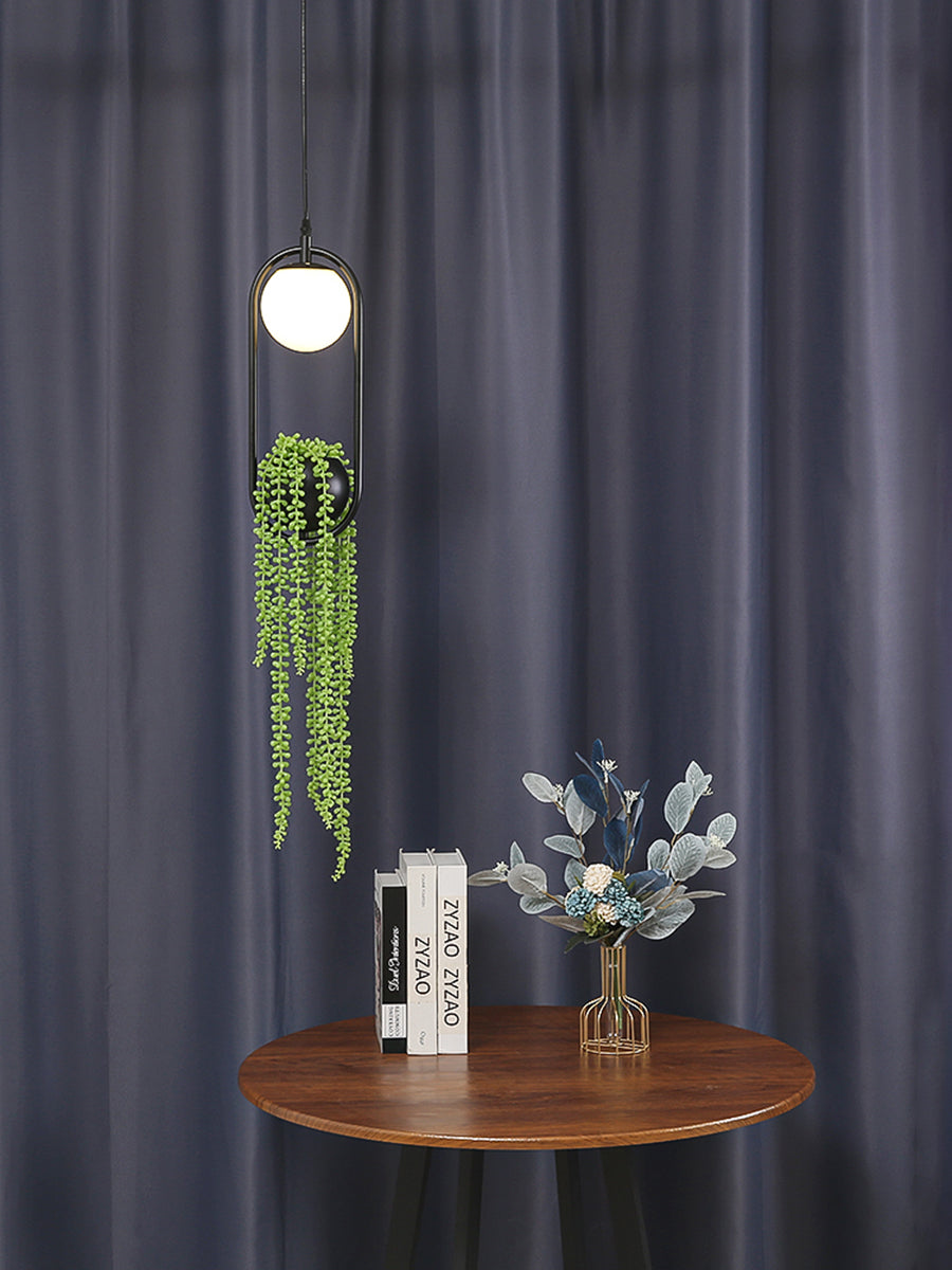 Hängende Garten Pflanzgefäß Hängeleuchte – Schwarzes Metall – Mit Frosted Glass & Künstlichen Pflanzen