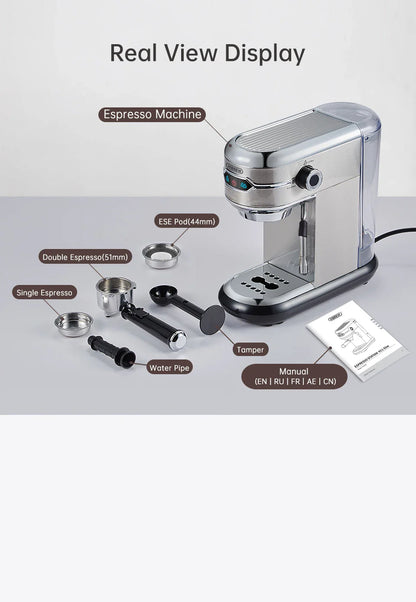 Slim Espresso Maschine – 20-Bar Halbautomatische Kaffeemaschine für ESE-Pads & gemahlenen Kaffee