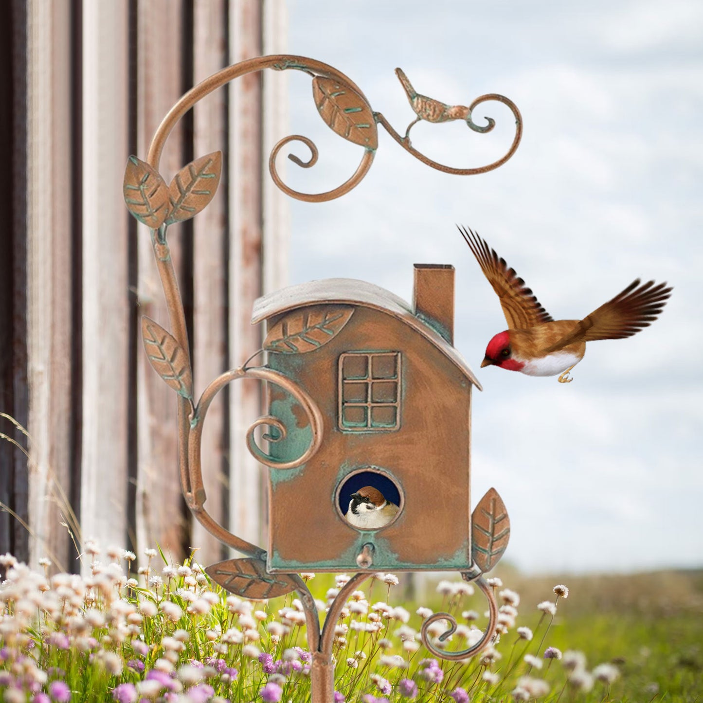 Metallkunst Vogelhaus Gartenstecker