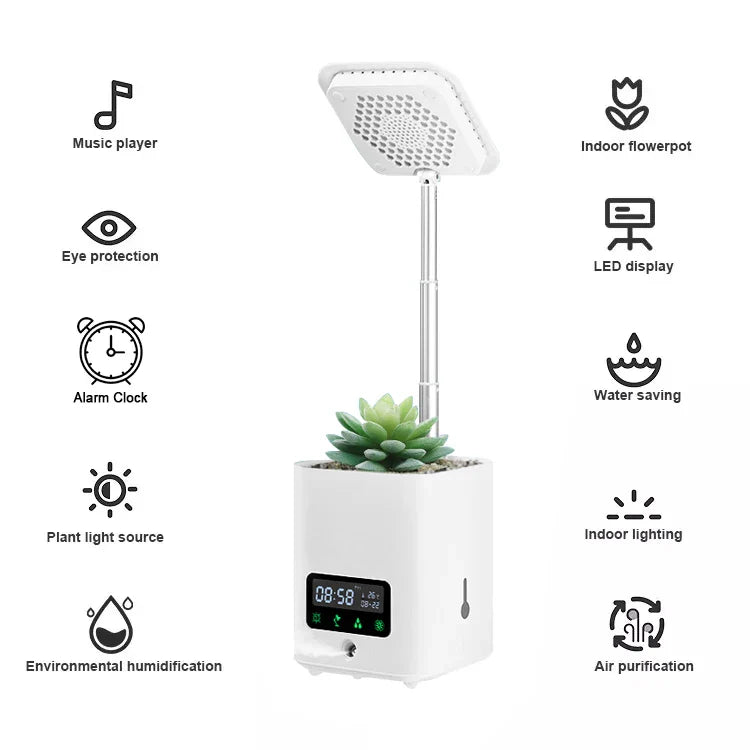 Smart Hydroponic Plant Pot with Diffuser and Desk Lamp for Indoor Use