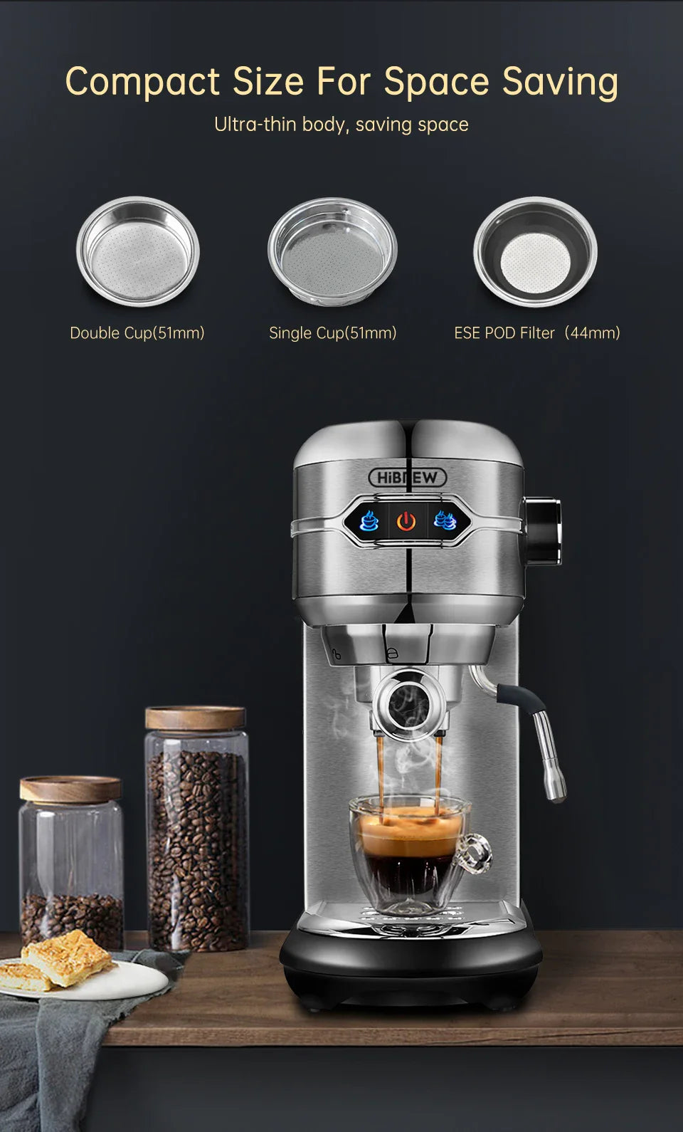 Slim Espresso Maschine – 20-Bar Halbautomatische Kaffeemaschine für ESE-Pads & gemahlenen Kaffee