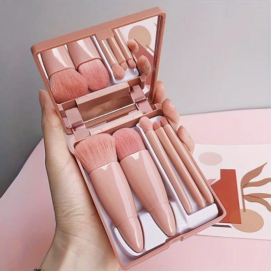 5-teiliges tragbares Makeup-Pinsel-Set mit Spiegel - Faltbares Reiseset
