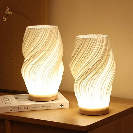 Dimmbare USB Tischlampe mit Holzsockel – Moderne Nachttischlampe für Wohnzimmer und Home Office