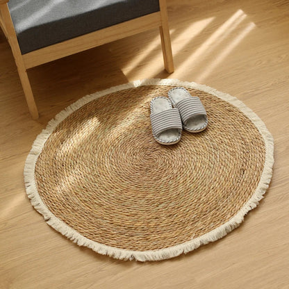 Runder handgefertigter Jute-Rattan-Teppich mit Fransen – Vintage-Bodenmatte für Schlafzimmer, Wohnzimmer & Eingangsbereich