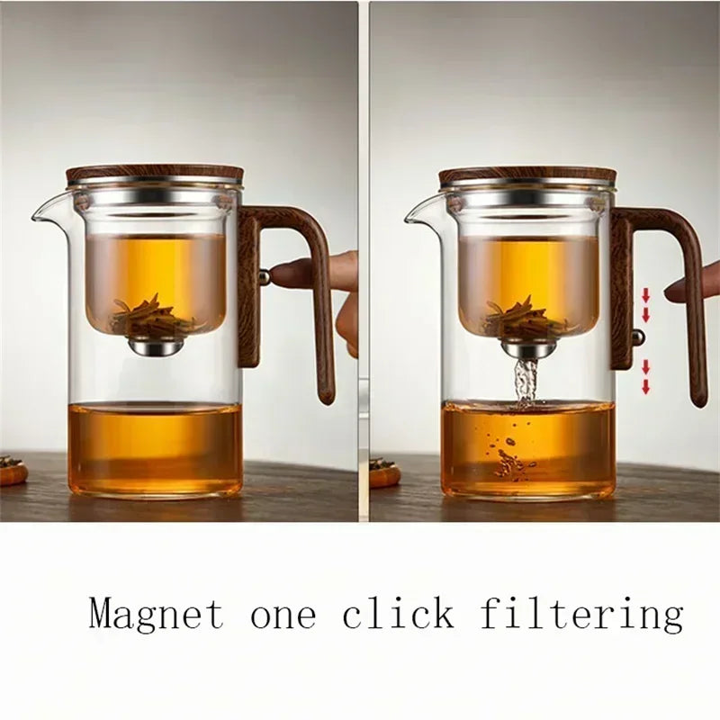 Wassertrennung Innentopf Teekanne - Glasfiltration, Ein-Klick-Magnet-Schalter, Holzgriff, 520ml