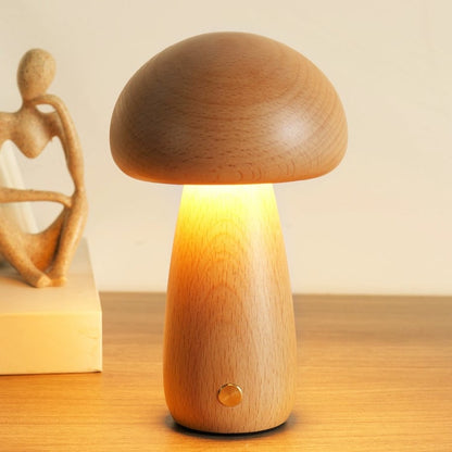 Massive Holz Pilz Tischlampe - USB wiederaufladbare LED kabellose Tischlampe