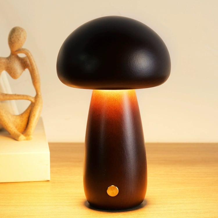 Massive Holz Pilz Tischlampe - USB wiederaufladbare LED kabellose Tischlampe