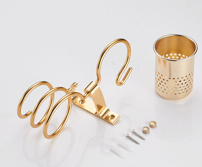 Space Aluminium Haartrocknerhalter – Goldfarben – Mit Zahnbürstenhalter & Doppelrohr