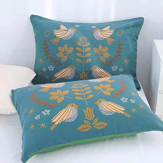Garduru gestickte Vogel-Kissenbezüge mit Blumenmotiv in Teal