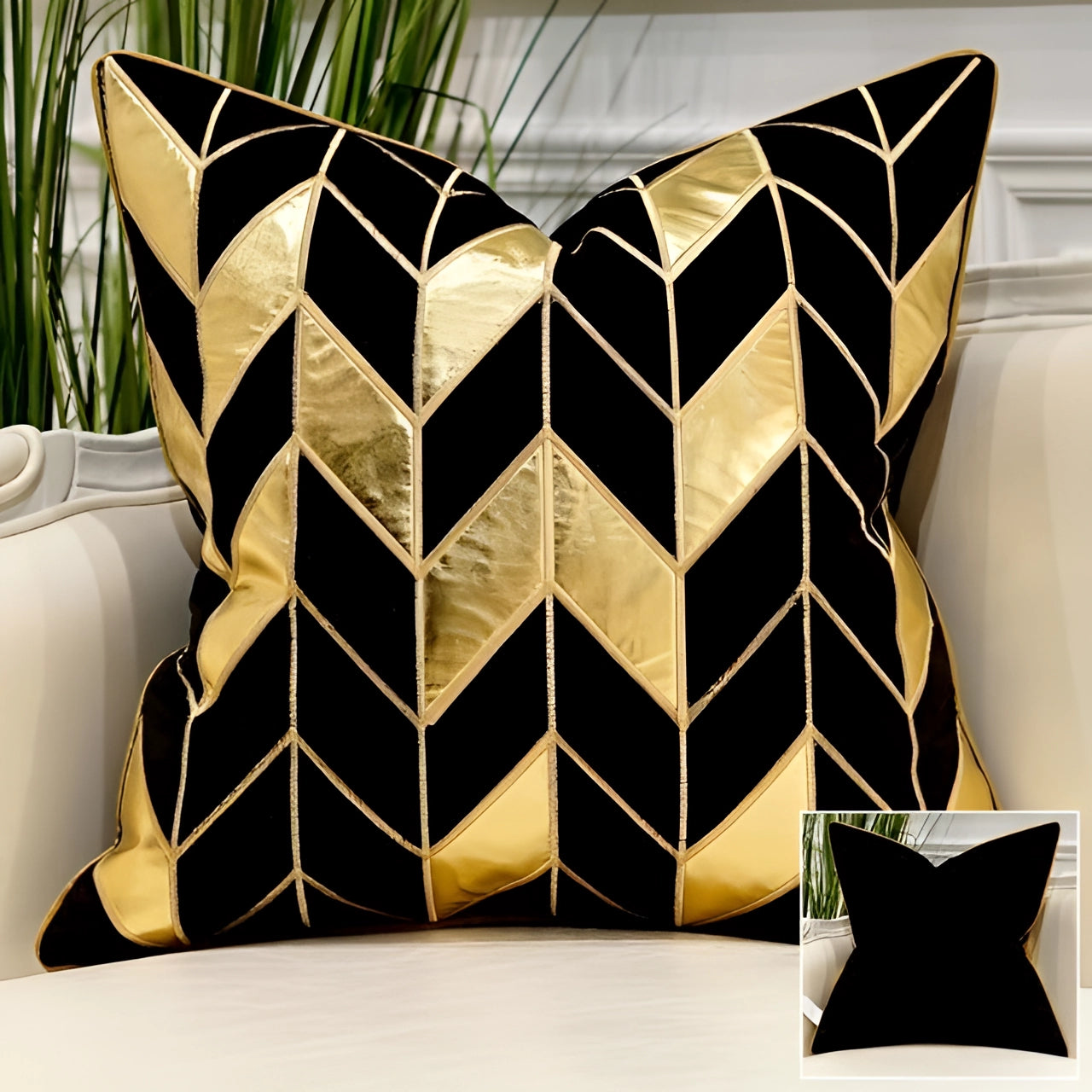 Garduru Samt Dekokissen mit geometrischem Design und Goldakzenten