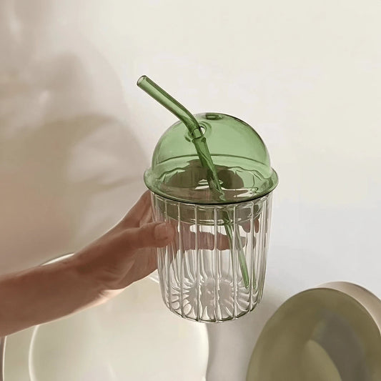 Vintage-grünes Glas-Glas mit Deckel und Strohhalm-EcoGlass™