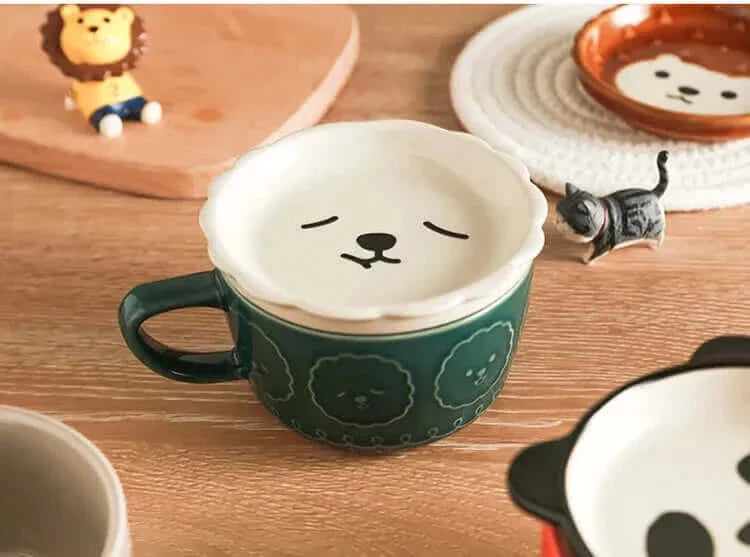 Süßer Katzen- & Shiba Inu Keramik Kaffeebecher mit Deckel