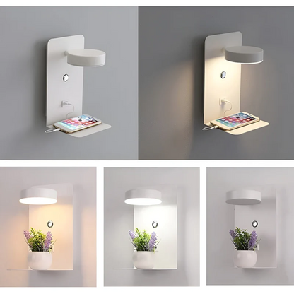 Moderne LED-Wandlampe mit integrierter USB-Ladeablage