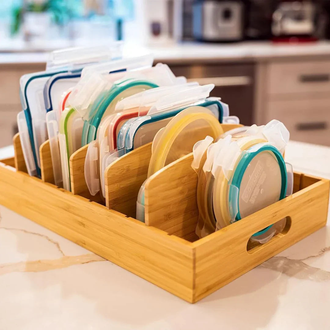 Bamboo-Deckel-Organizer für die Küche – Effiziente und platzsparende Aufbewahrungslösung