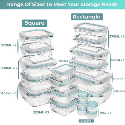 Garduru STORAGE SET – 35-teiliges Glas-Aufbewahrungsset mit Klickdeckeln & Dipschälchen für Meal Prep & Vorrat