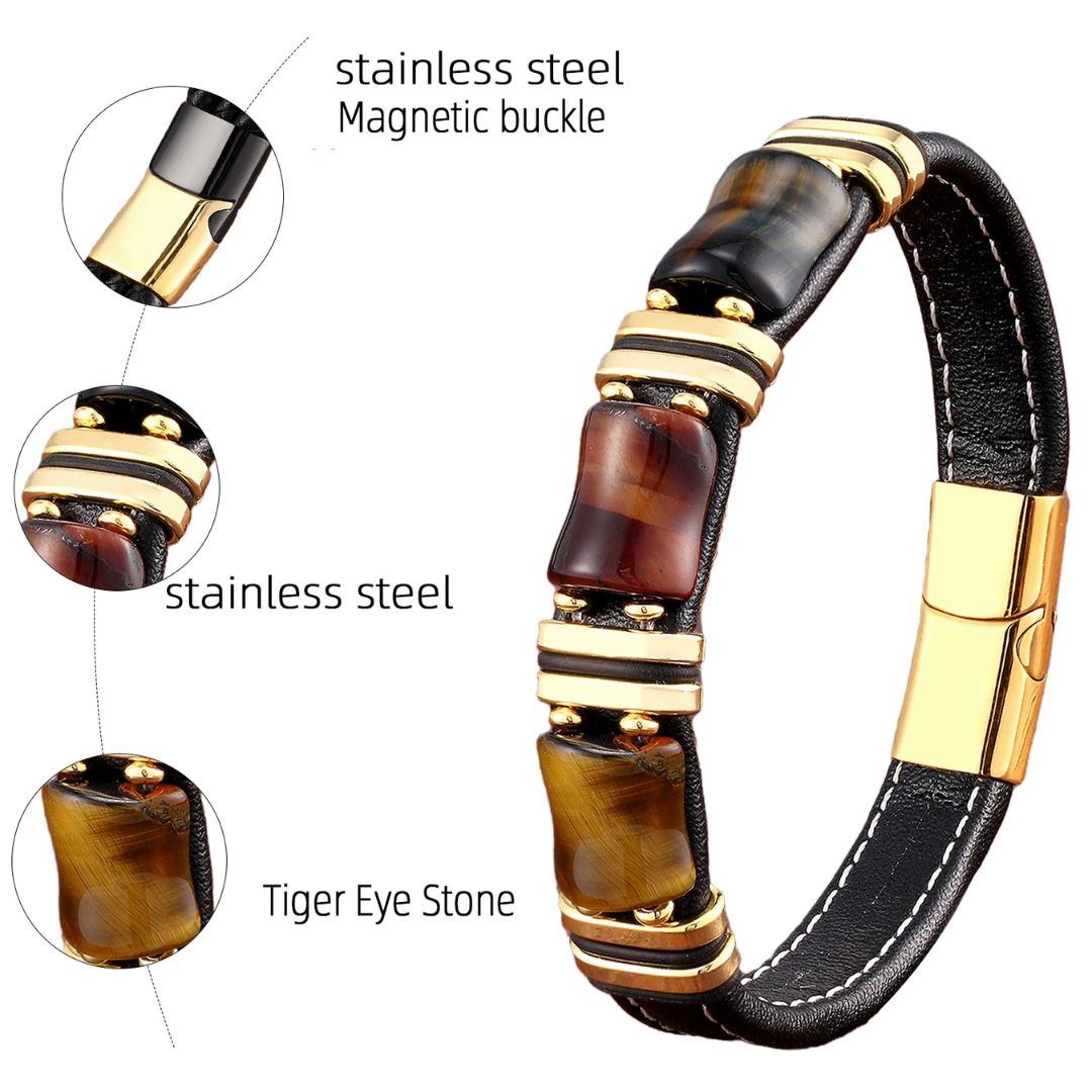 Armband Leder Gold | Tiger Eye Perlen Herren Schmuck
