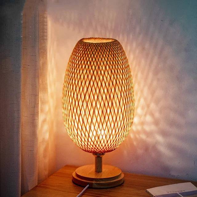 Vintage Geflochtene Bambus Tischlampe