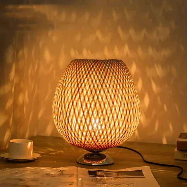 Vintage Geflochtene Bambus Tischlampe