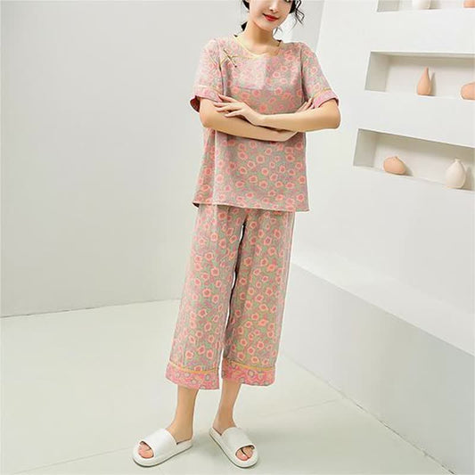 Kurzärmliges Pyjama-Set aus reiner Baumwolle mit Blumenmuster