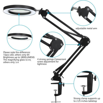 Lupe Lampe - 8X echtes Glas, 3 Farbmodi, dimmbare LED Schreibtischlampe