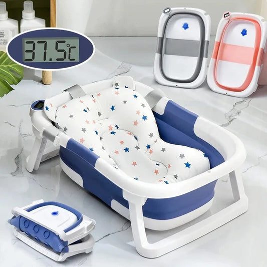 Faltbare Babybadewanne mit rutschfestem Kissen und integriertem Thermometer.